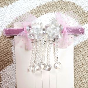 Pink and crystal bow holiday Christmas hair clip handmade with crystal beads